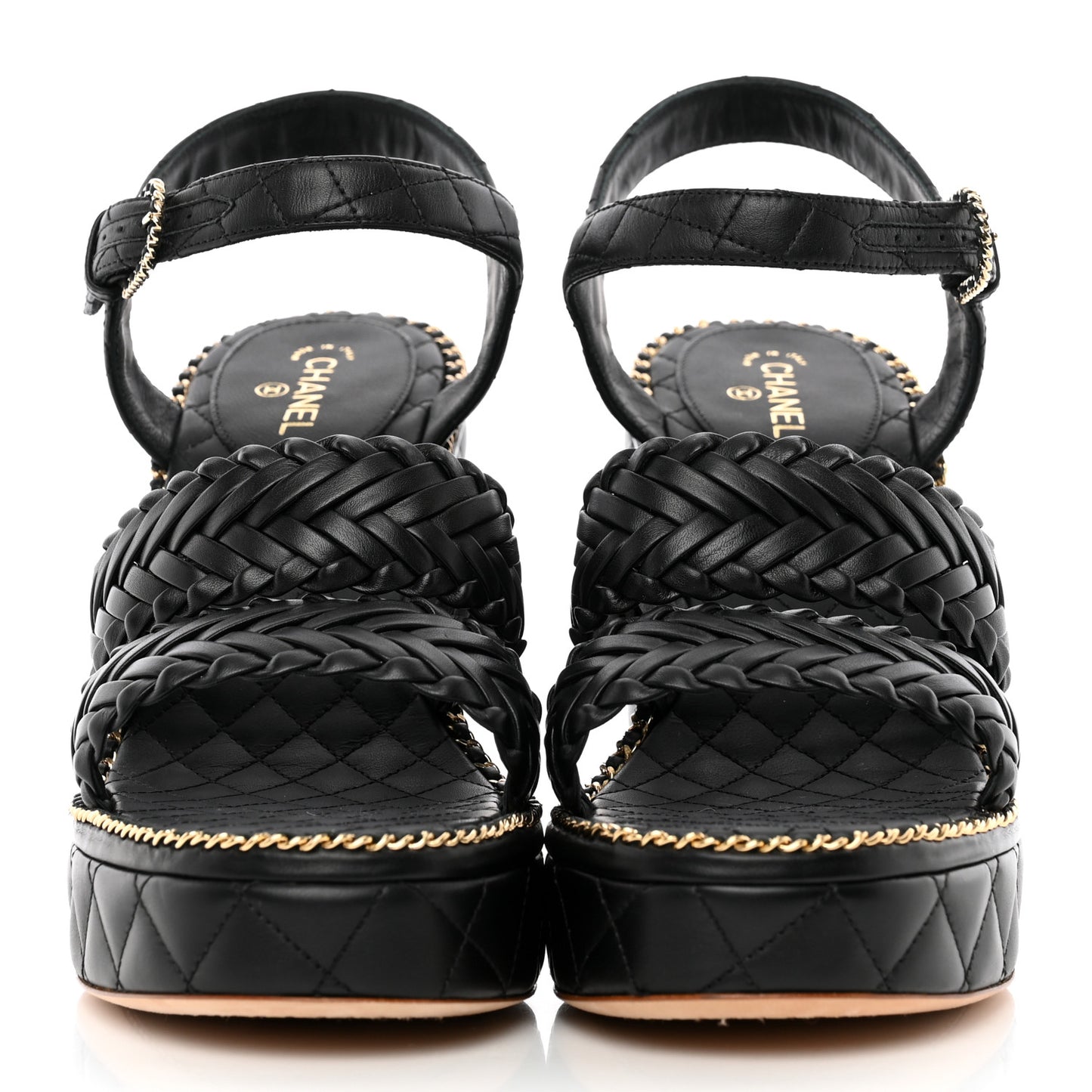 Calfskin Quilted Chain Around Wedge Sandals 40 Black