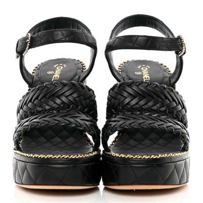 Chanel Calfskin Quilted Chain Around Wedge Sandals 40 Black 2 of 12