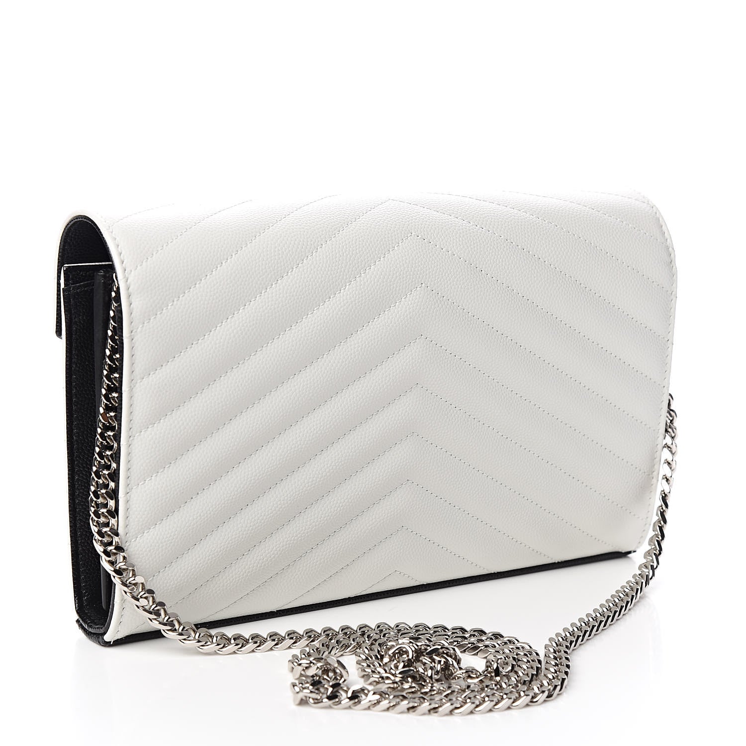 Saint Laurent Grain De Poudre Matelasse Bi-Color Chevron Monogram Chain Wallet White Black 3 of 10