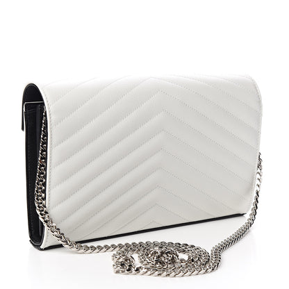 Saint Laurent Grain De Poudre Matelasse Bi-Color Chevron Monogram Chain Wallet White Black 3 of 10