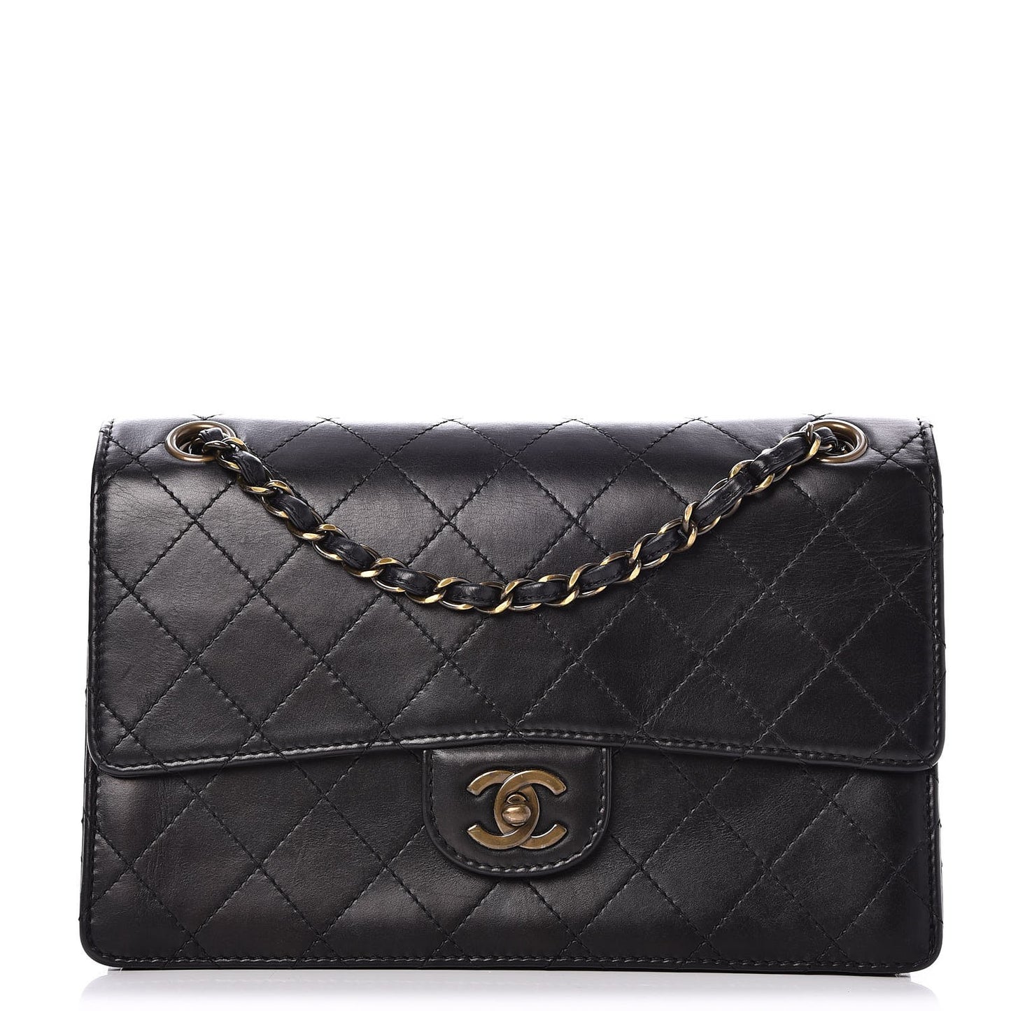 Calfskin Stitched Medium Single Flap Black