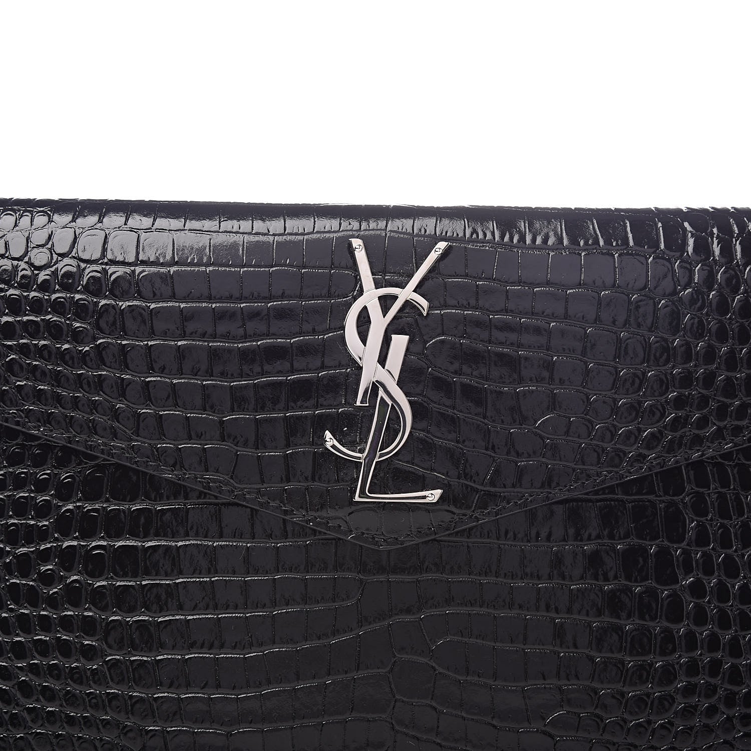 Saint Laurent Calfskin Crocodile Embossed Uptown Monogram Clutch Black 8 of 9