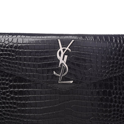 Saint Laurent Calfskin Crocodile Embossed Uptown Monogram Clutch Black 8 of 9