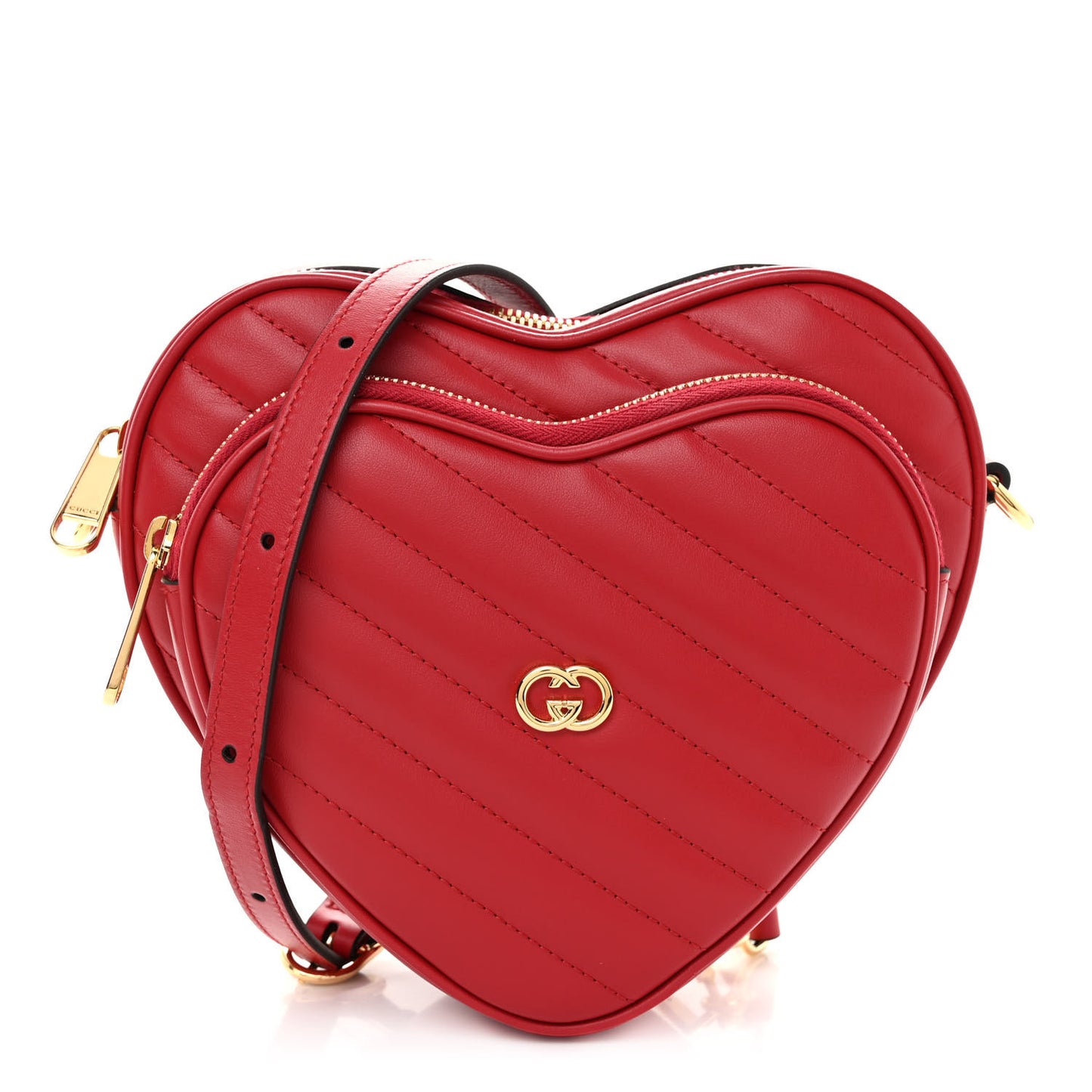 Calfskin Matelasse Diagonal Mini Interlocking G Heart Shoulder Bag Hibiscus Red