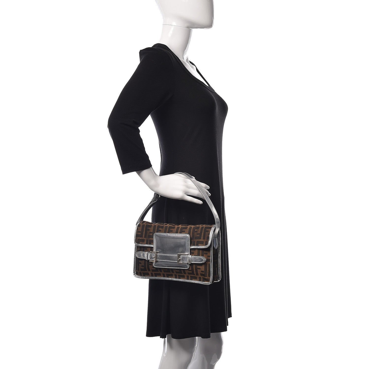 Fendi Metallic Calfskin Zucca Shoulder Bag Silver Tobacco 2 of 9