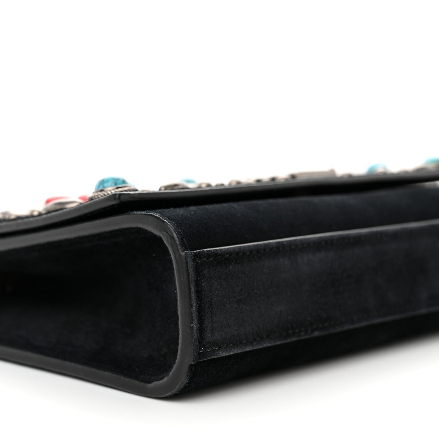 Suede Small Monogram Stone Studded Kate Satchel Black Turquoise Coral