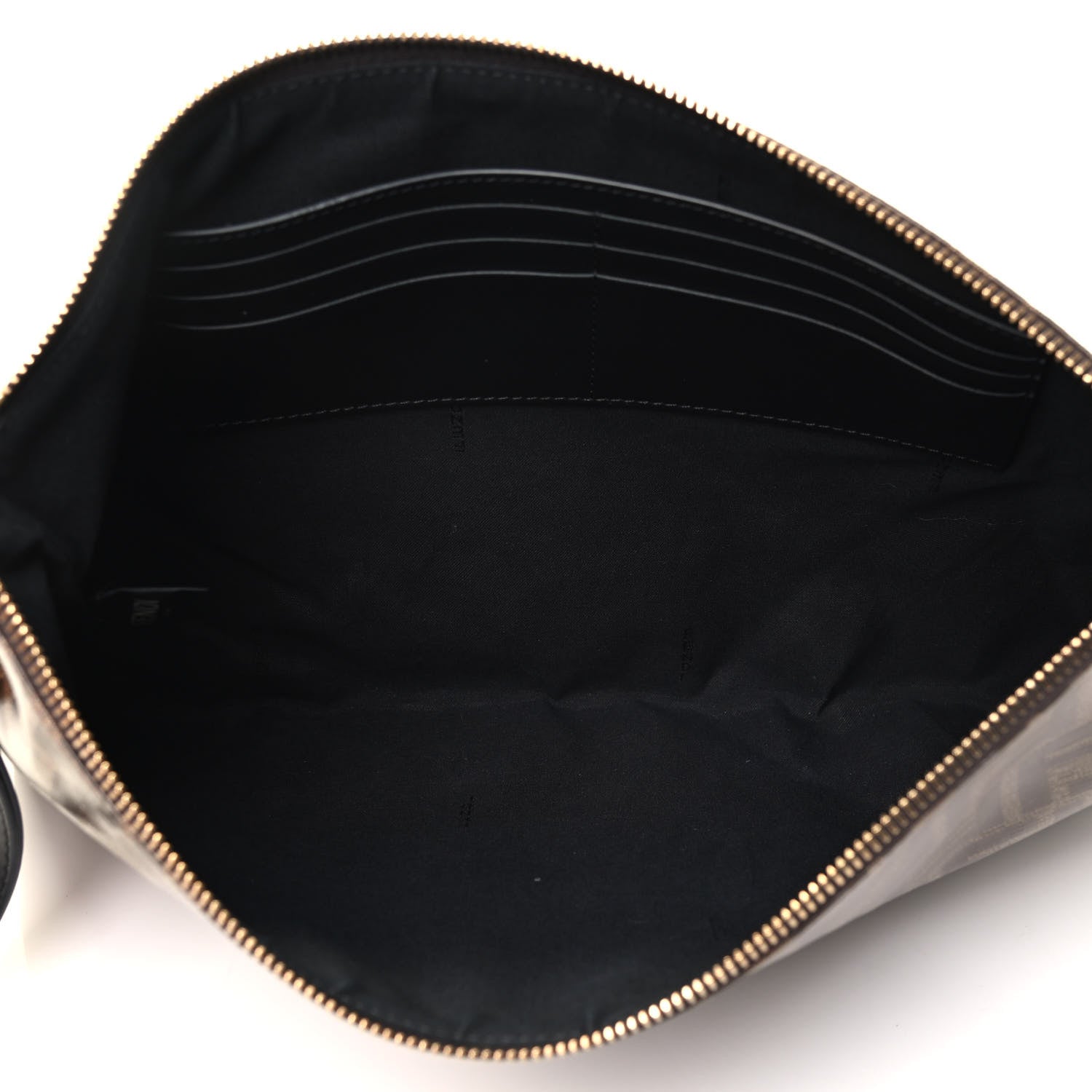 Fendi Glazed Fabric Vitello Century FF 1974 Stamp Patch Large Flat Pouch Mogano Panna Black 4 of 4