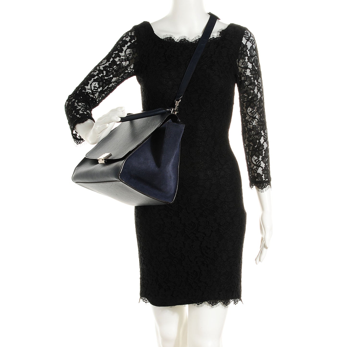 Drummed Calfskin Suede Medium Trapeze Navy Blue