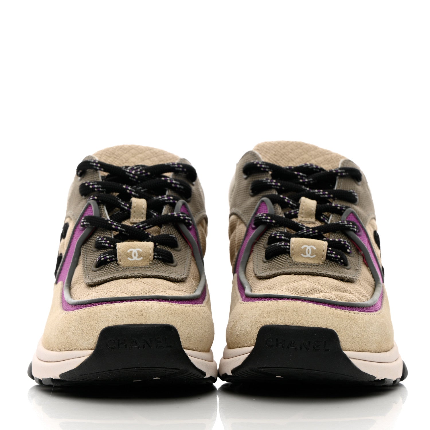 Chanel Mesh Suede Calfskin Grained Calfskin Womens CC Sneakers 36 Beige Dark Beige Purple 2 of 9
