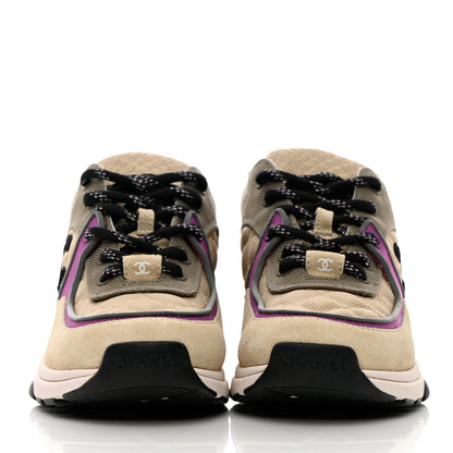 Chanel Mesh Suede Calfskin Grained Calfskin Womens CC Sneakers 36 Beige Dark Beige Purple 2 of 9