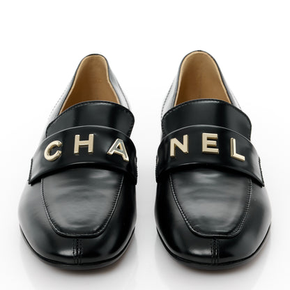 Chanel Shiny Calfskin Logo Loafers 35 Black 2 of 9