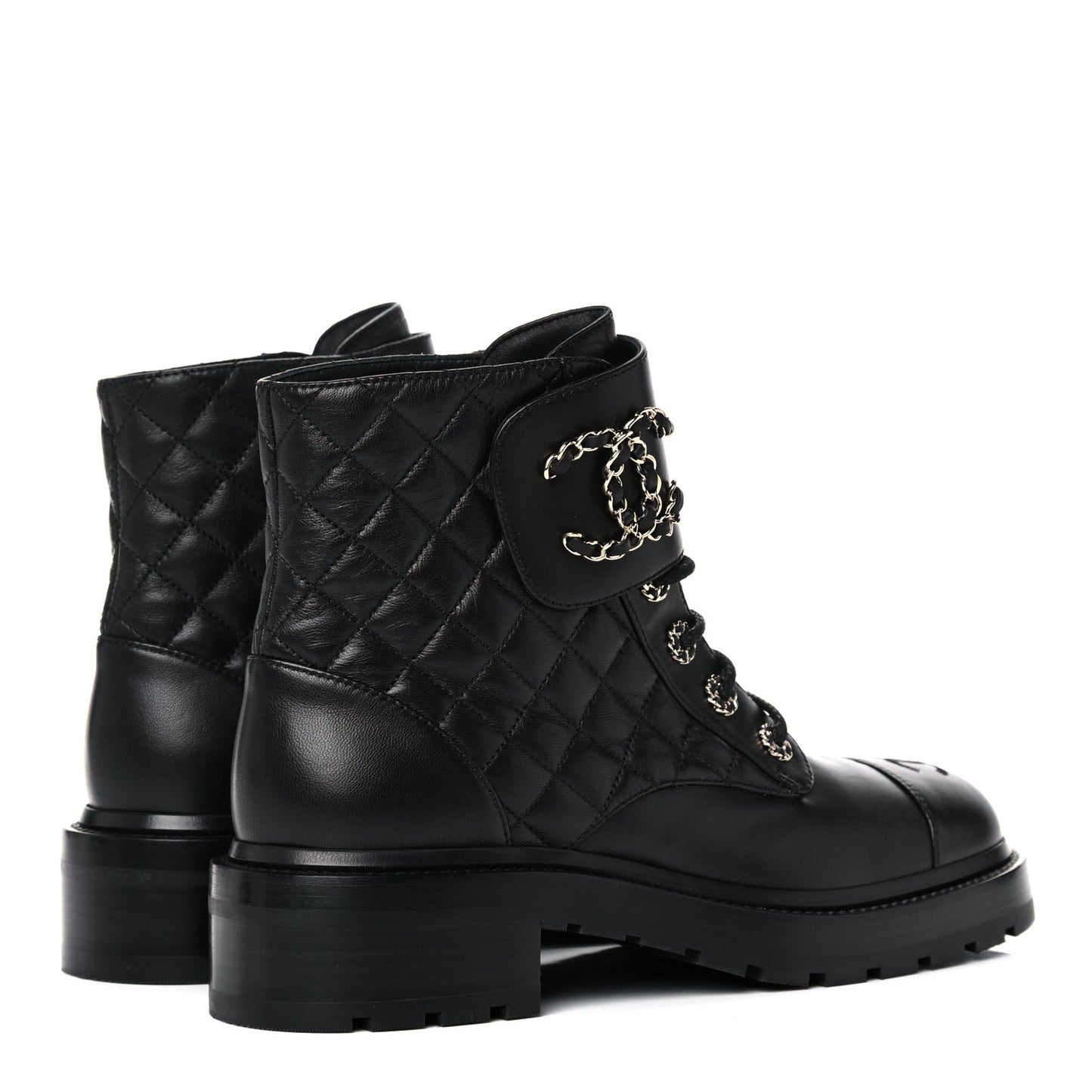 Shiny Lambskin Quilted Lace Up Combat Boots 39.5 Black