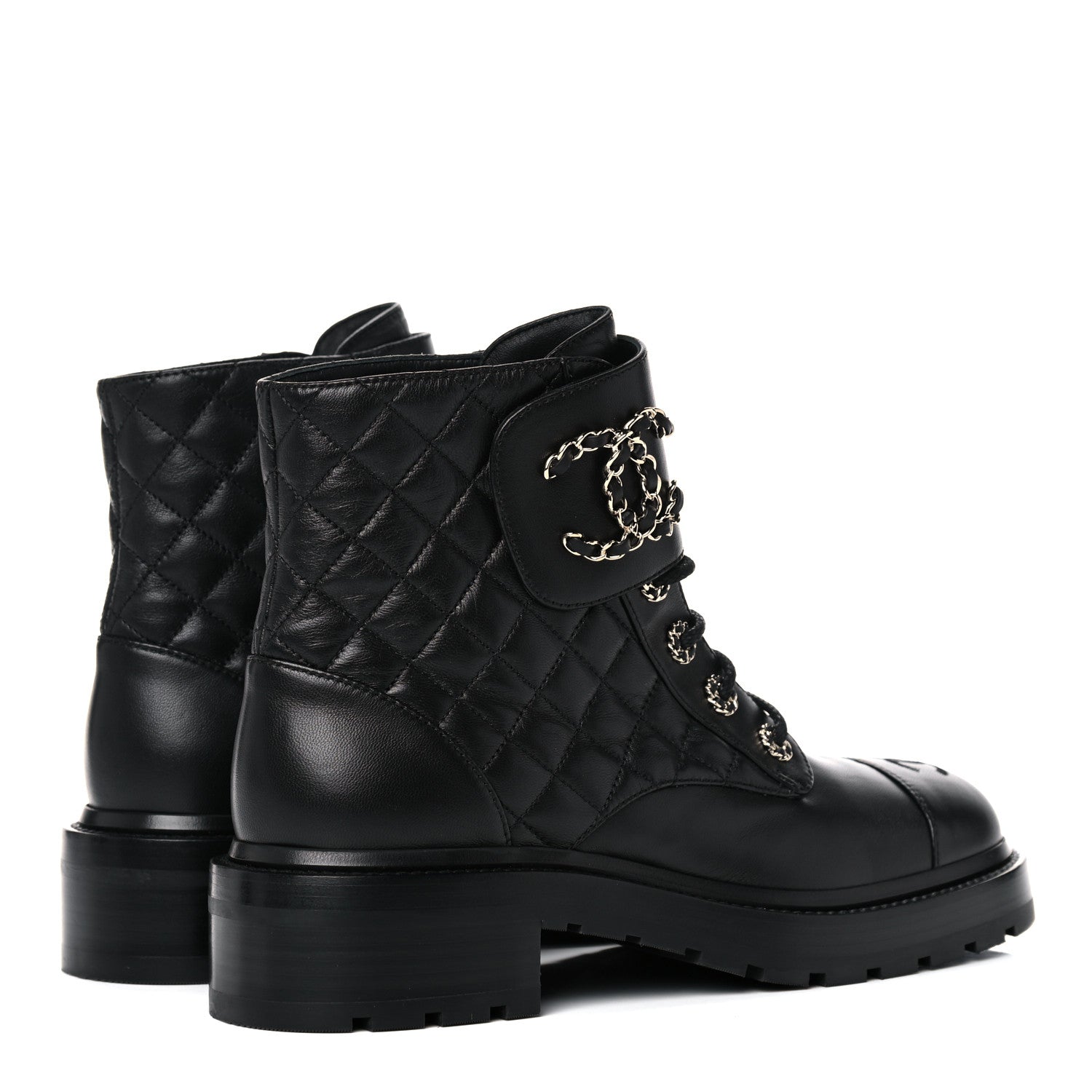 Chanel Shiny Lambskin Quilted Lace Up Combat Boots 39.5 Black 4 of 12