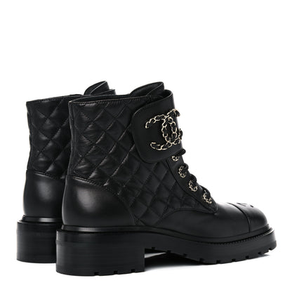Chanel Shiny Lambskin Quilted Lace Up Combat Boots 39.5 Black 4 of 12