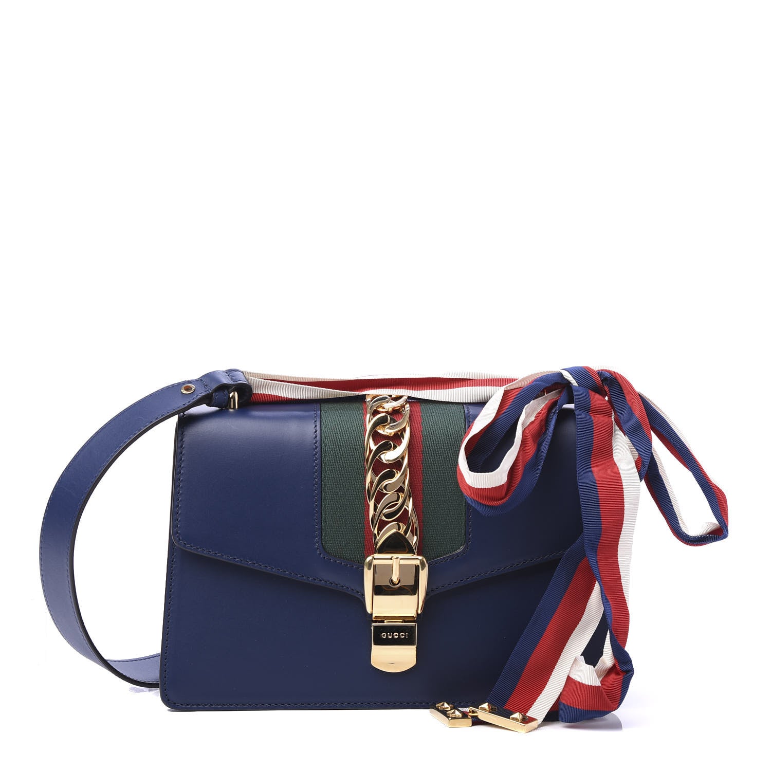 Gucci Vitello Fontanella Web Small Sylvie Shoulder Bag Blue Agata 1 of 10