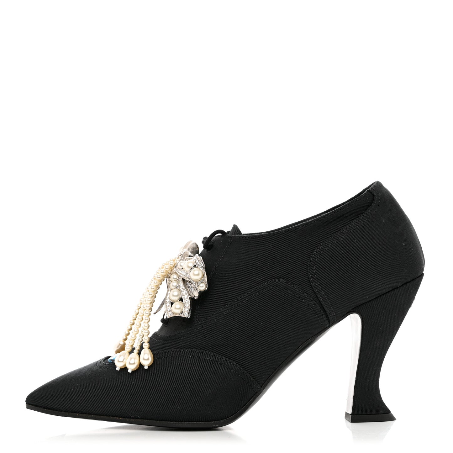 Grosgrain Pearl Crystal Bow CC Oxford Lace Up Booties 38.5 Black