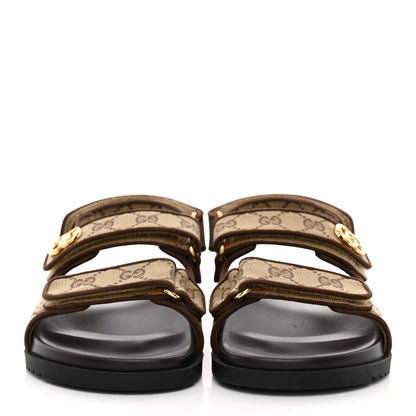 Gucci GG Monogram Lavaredo Eco Fabric Womens Slide Sandals With Straps 37 Beige Ebony Light Brown 3 of 12