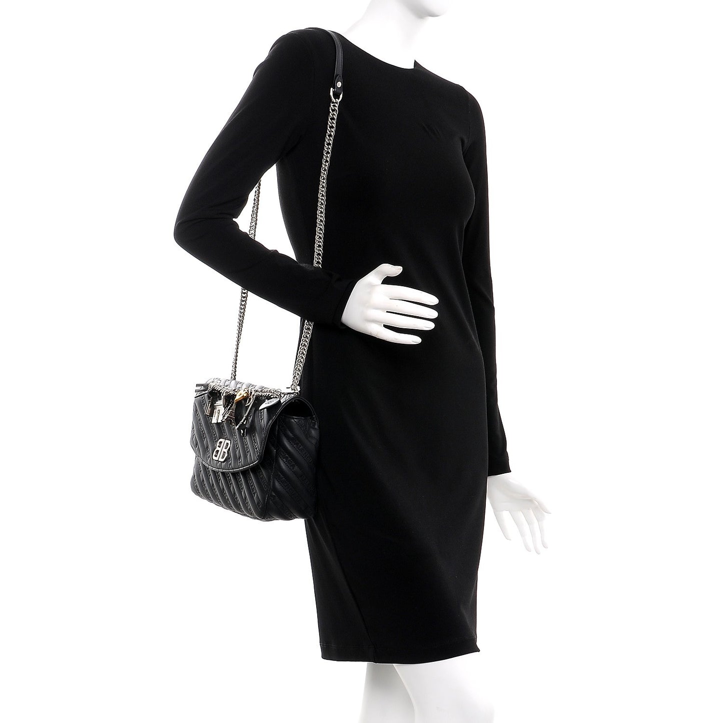 Calfskin Charms Logo Matelasse M BB Round Shoulder Bag Black