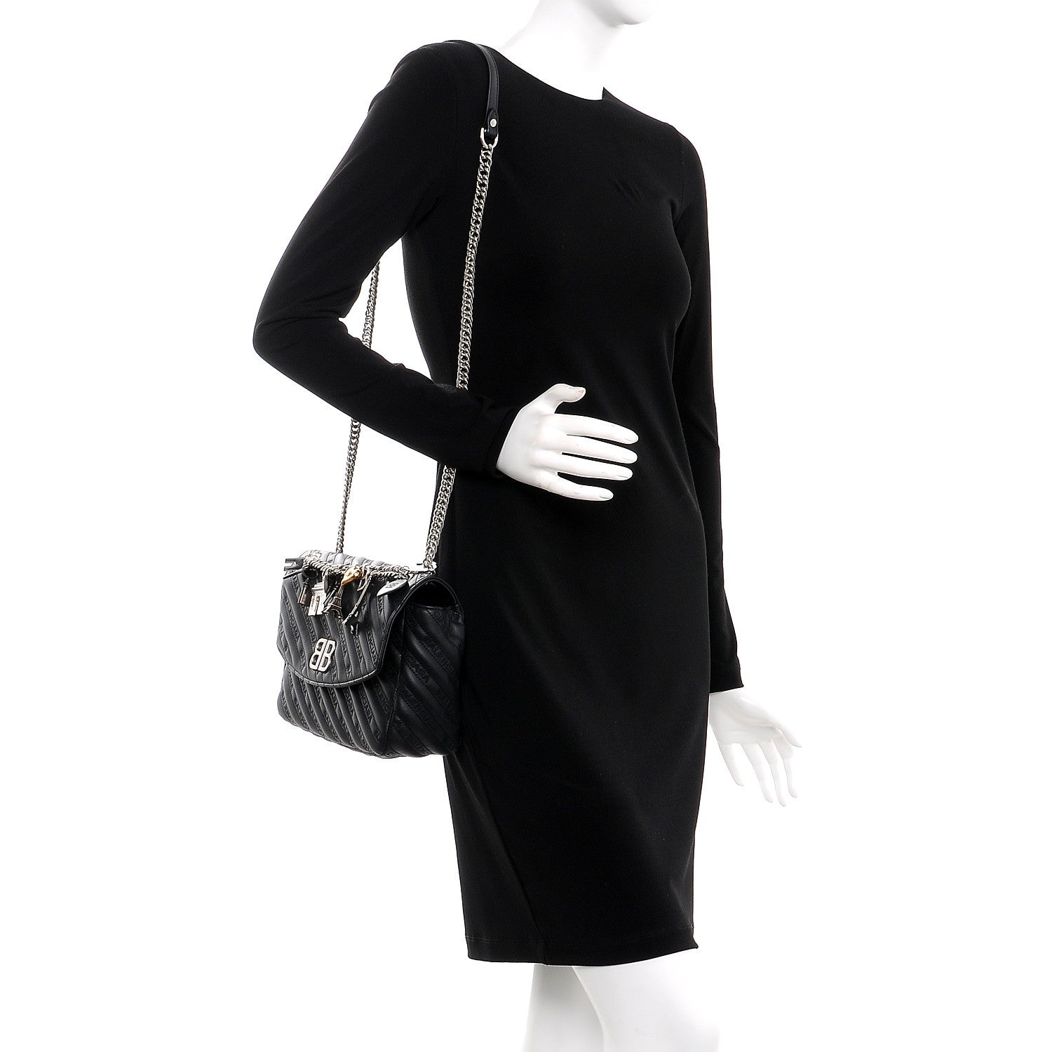 Balenciaga Calfskin Charms Logo Matelasse M BB Round Shoulder Bag Black 2 of 10