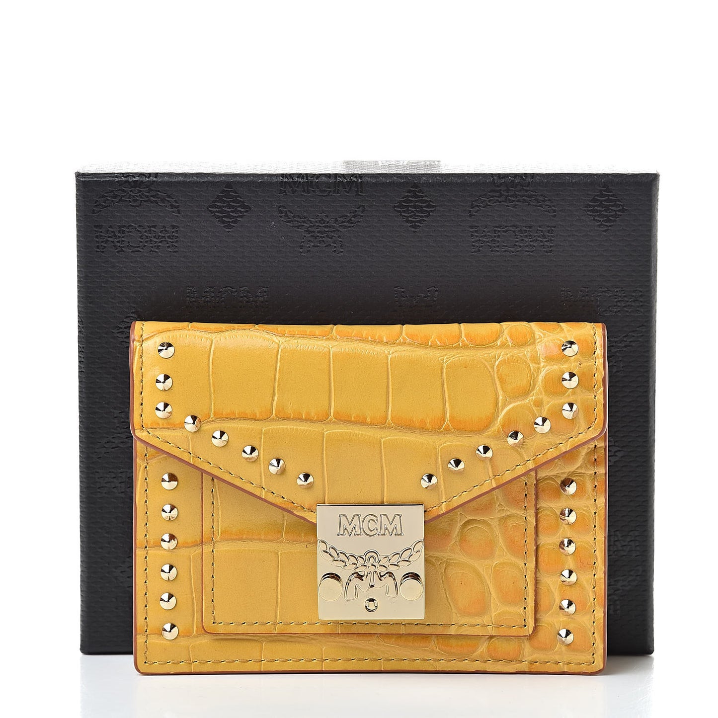 Calfskin Crocodile Embossed Flap Card Holder Golden Mango