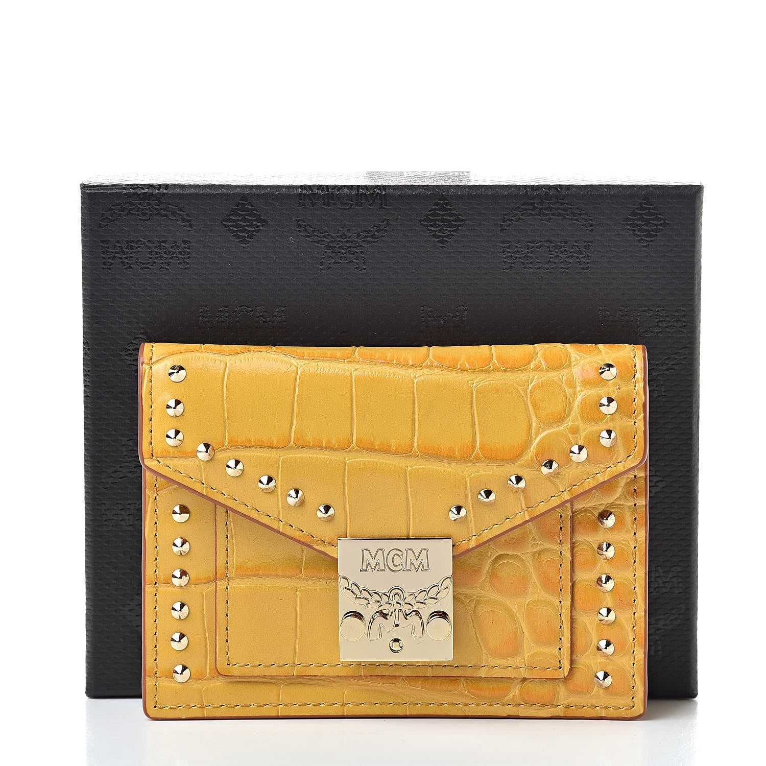 MCM Calfskin Crocodile Embossed Flap Card Holder Golden Mango 9 of 9