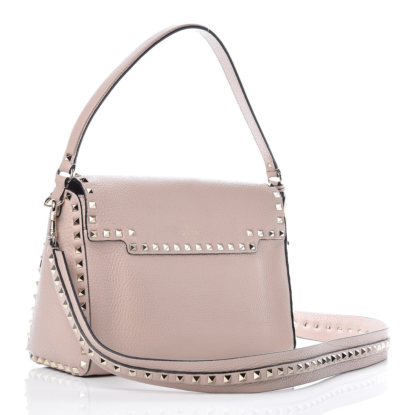 Pebbled Calfskin Rockstud Top Handle Shoulder Bag Poudre
