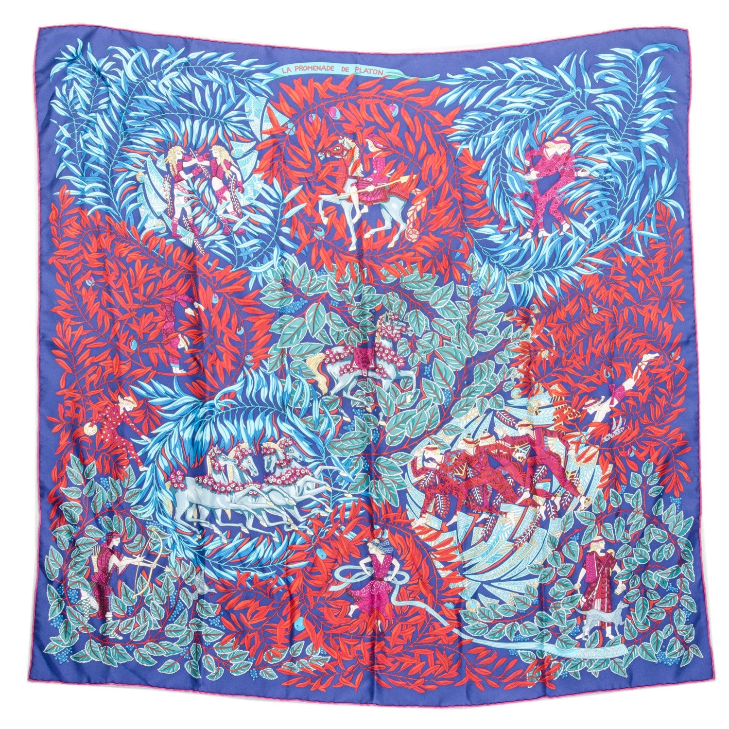 Hermes Silk La Promenade de Platon Scarf 90 Indigo Rouge Turquoise 2 of 7
