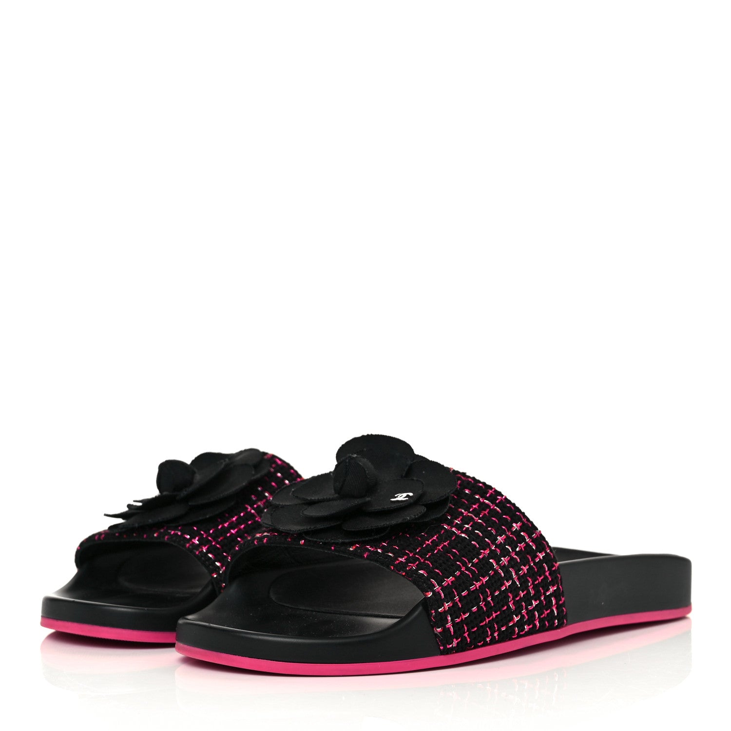 Chanel Tweed Camellia Flat Slide Sandals 39 Black 3 of 8