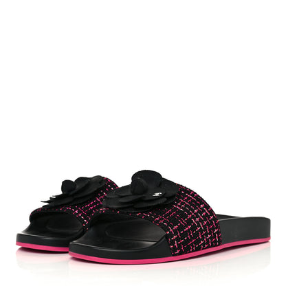 Chanel Tweed Camellia Flat Slide Sandals 39 Black 3 of 8