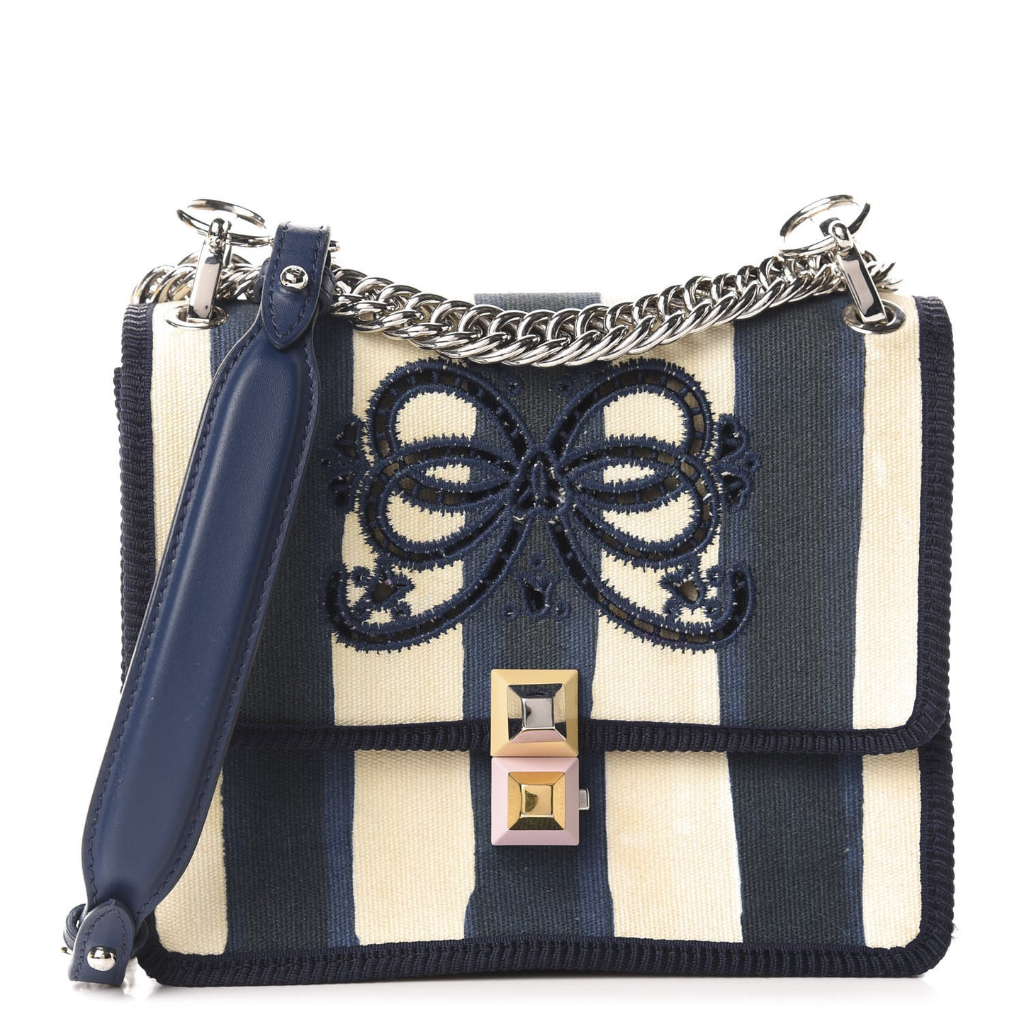 Canvas Calfskin Striped Bow Small Kan I Shoulder Bag Blueberry