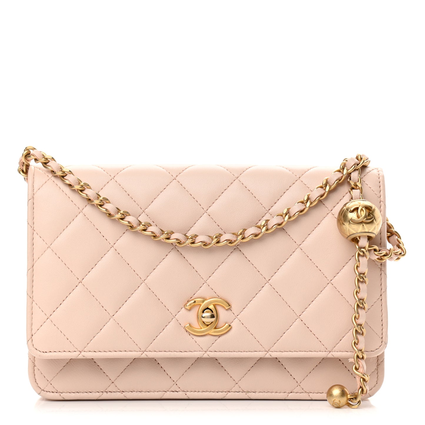 Lambskin Quilted CC Pearl Crush Wallet on Chain WOC Light Beige