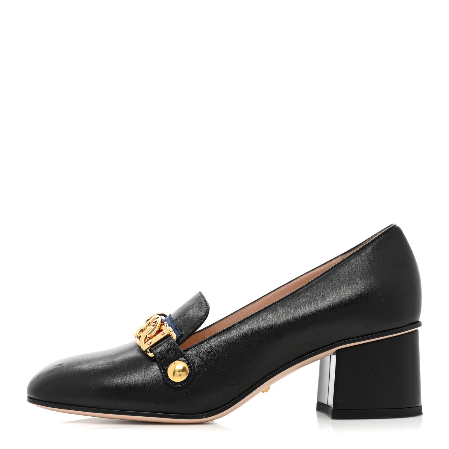 Gucci Malaga Kid Sylvie Web Chain Mid Heel Loafers 36 Black 1 of 16