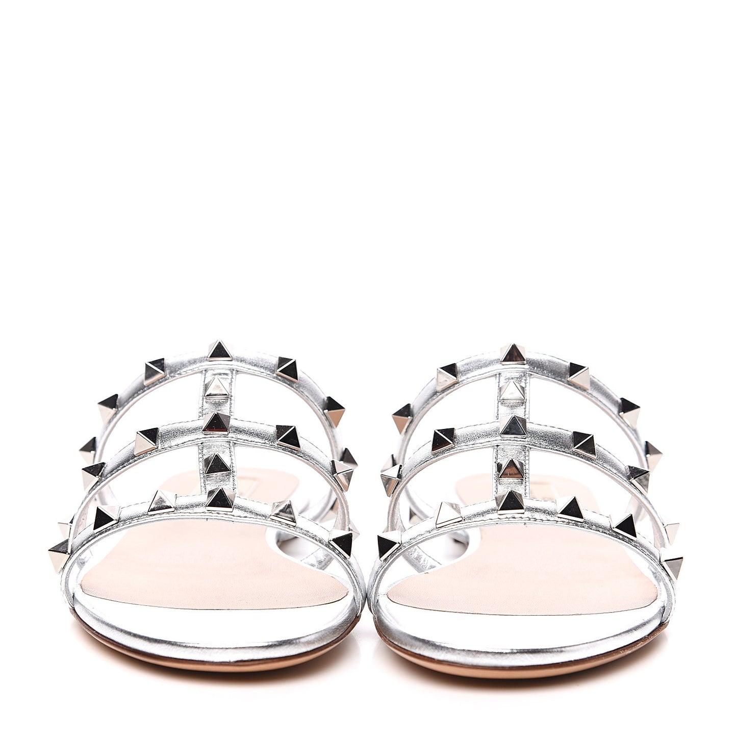 Metallic Nappa Rockstud Caged Flat Slide Sandals 35.5 Silver