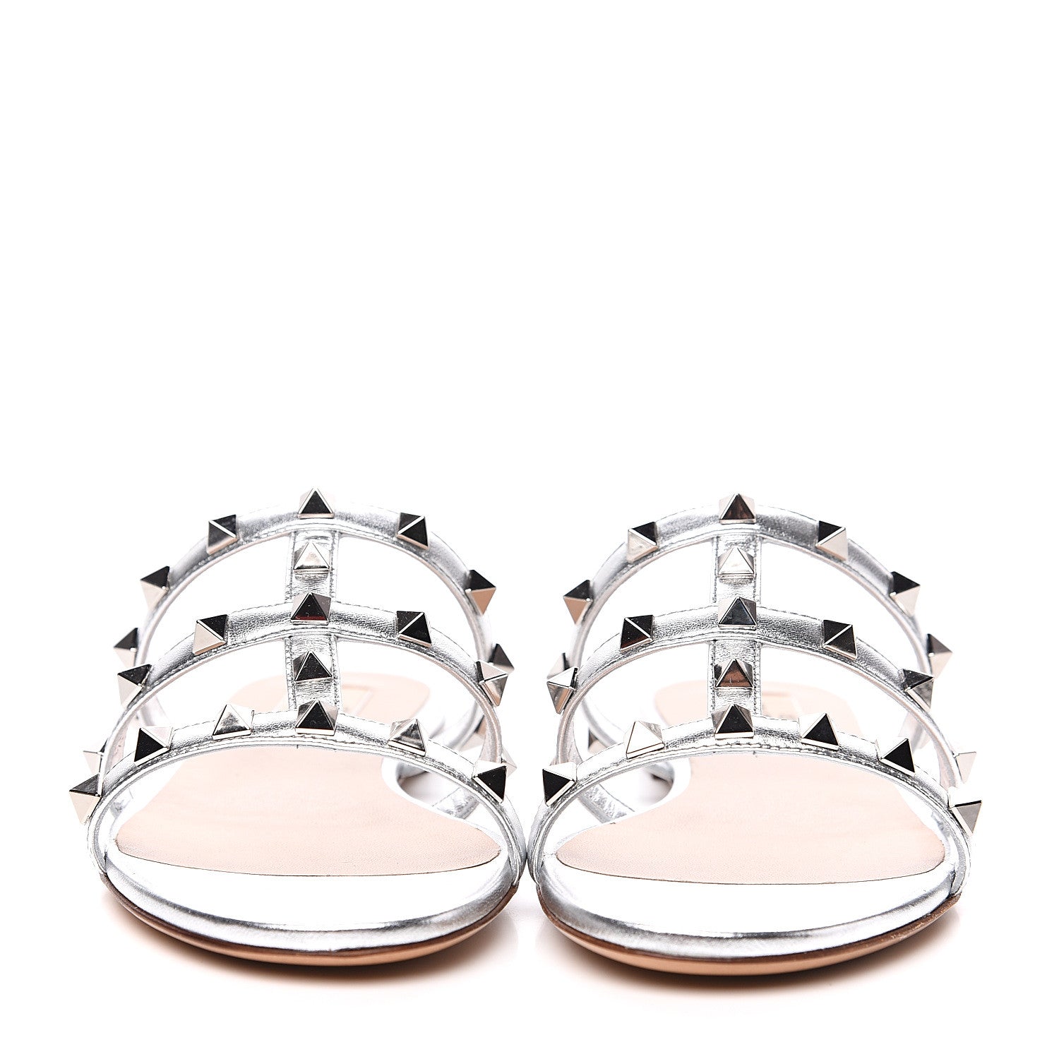 Valentino Garavani Metallic Nappa Rockstud Caged Flat Slide Sandals 35.5 Silver 2 of 9
