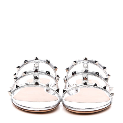 Valentino Garavani Metallic Nappa Rockstud Caged Flat Slide Sandals 35.5 Silver 2 of 9