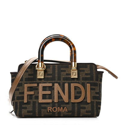 Fendi Fabric Jacquard Vitello King Plexiglass FF 1974 Logo Embroidered Mini By The Way Top Handle Boston Bag Tobacco Moro Sand 1 of 8