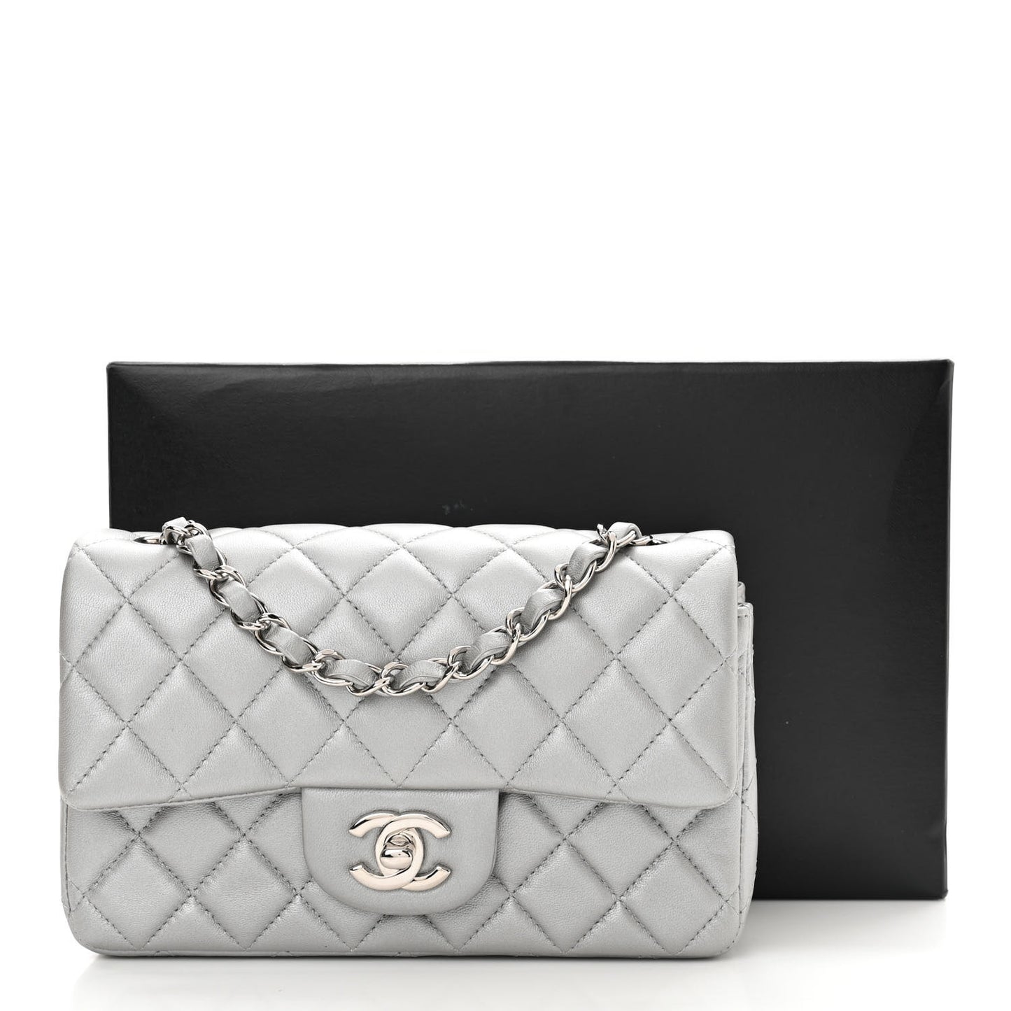 Metallic Lambskin Quilted Mini Rectangular Flap Silver