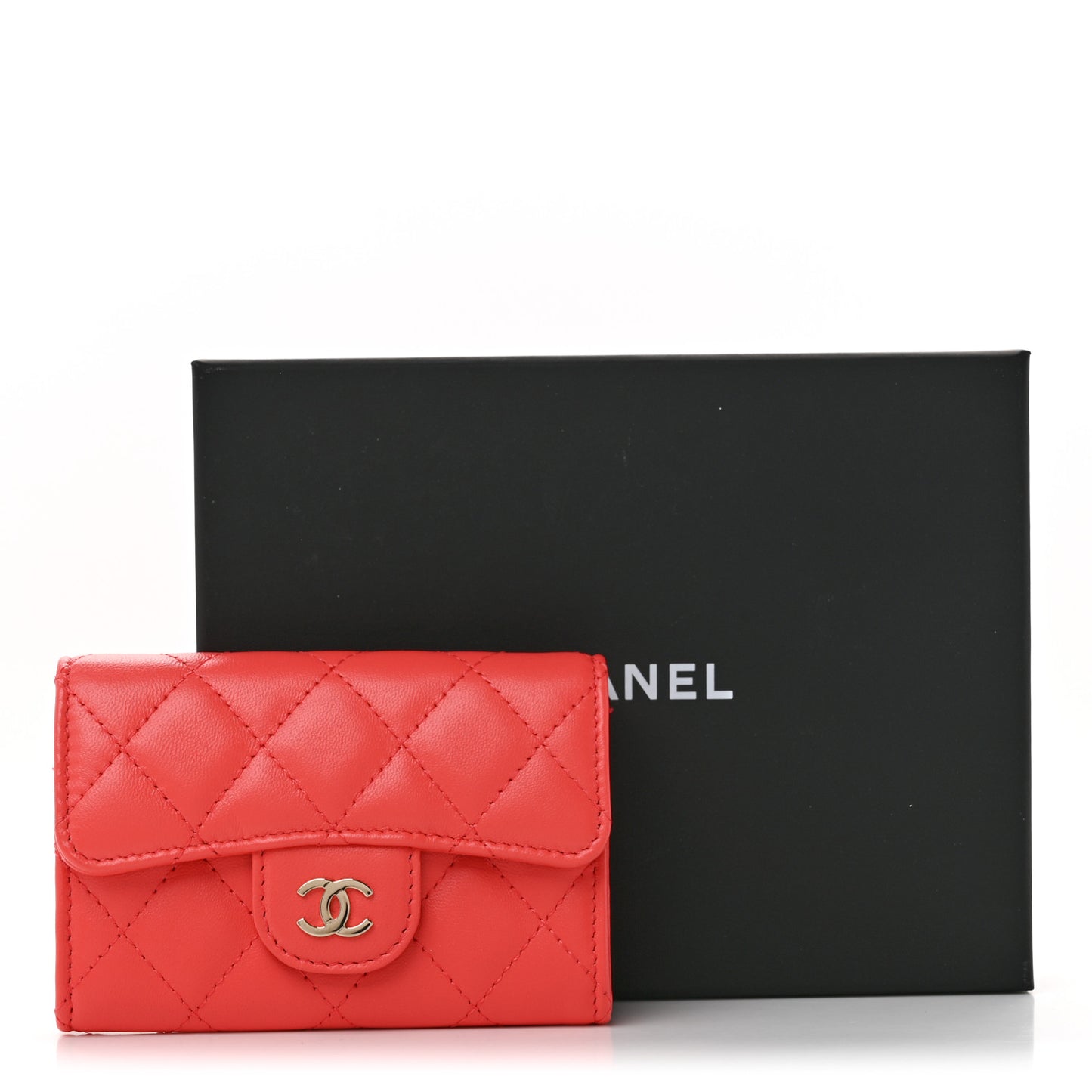Lambskin Quilted Flap Card Holder Wallet Coral