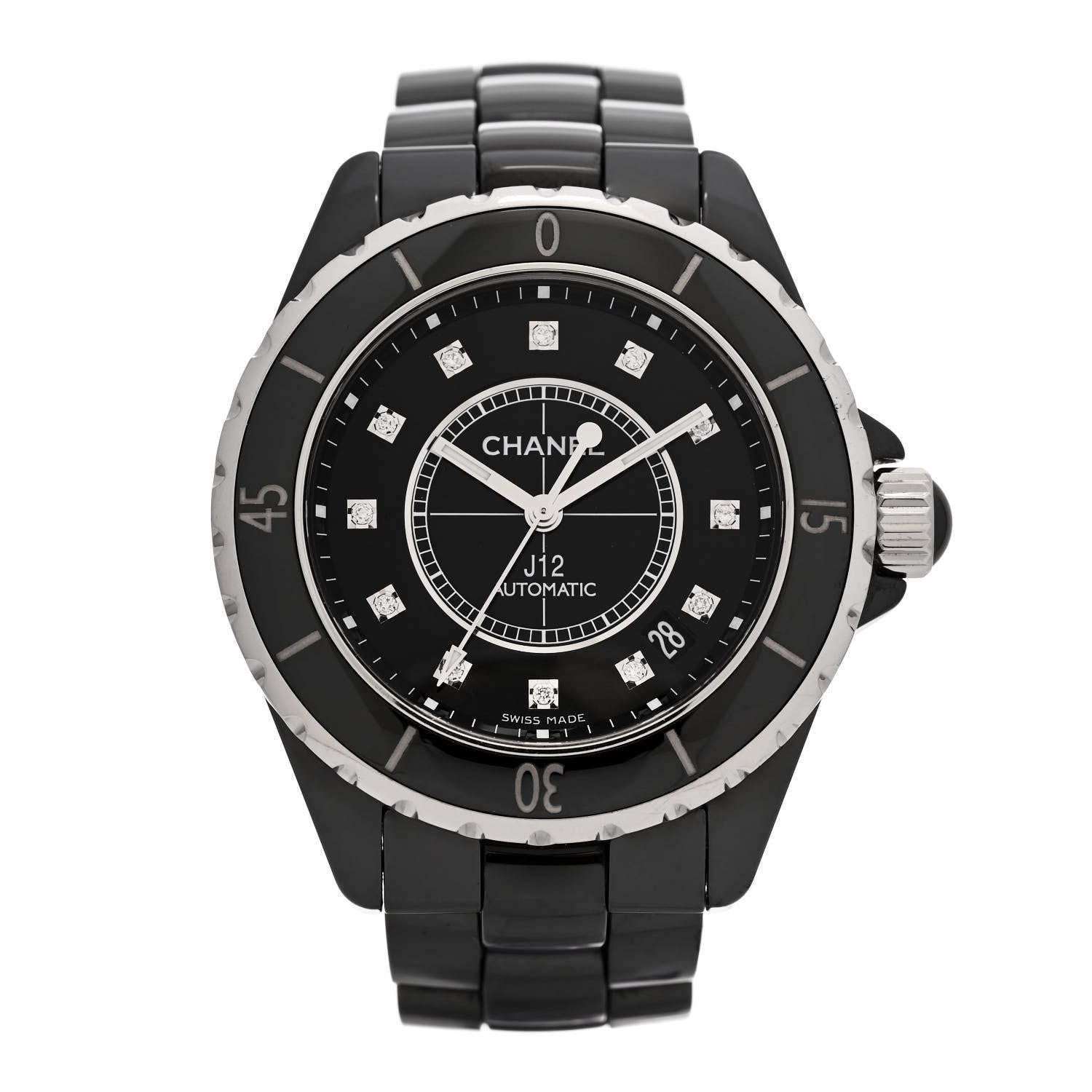 Chanel Stainless Steel Ceramic Diamond 38mm J12 Automatic Watch Black 1 of 4