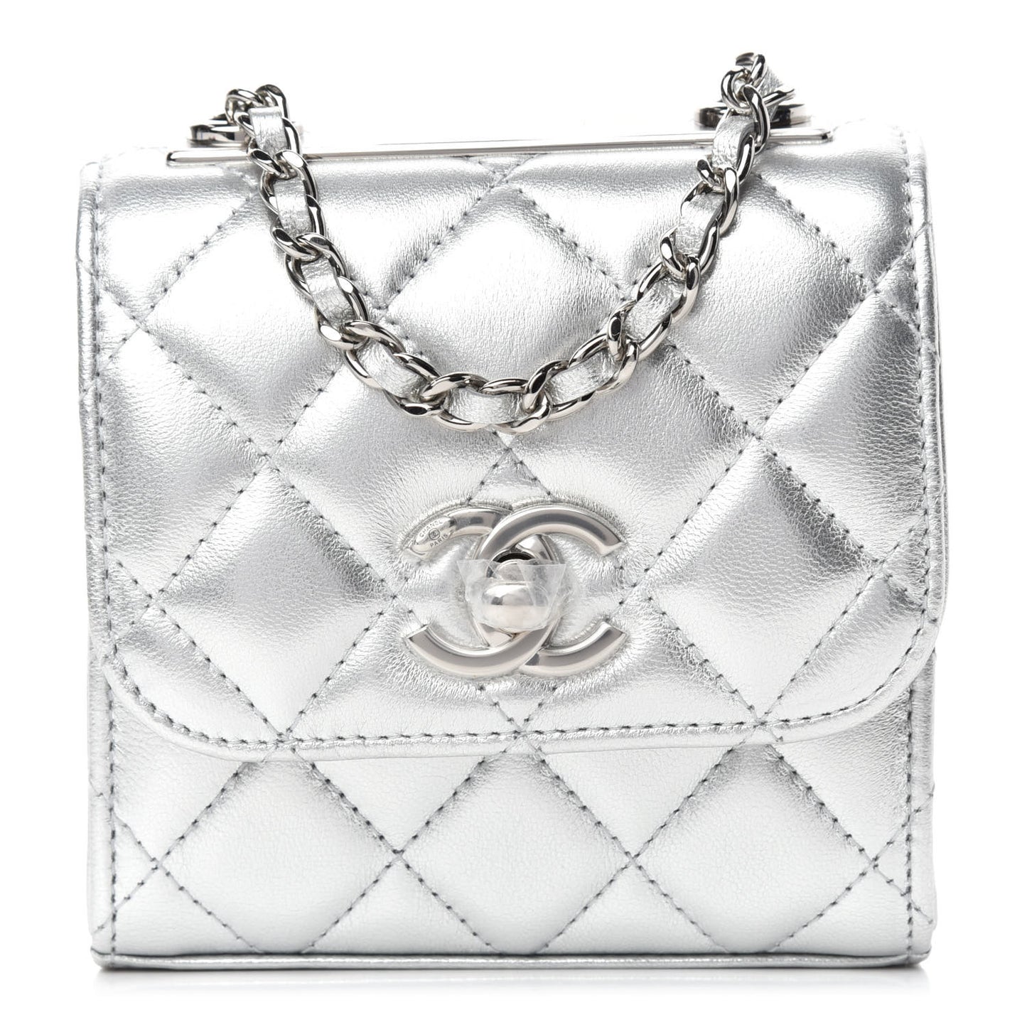 Metallic Lambskin Quilted Mini Trendy CC Chain Wallet Silver