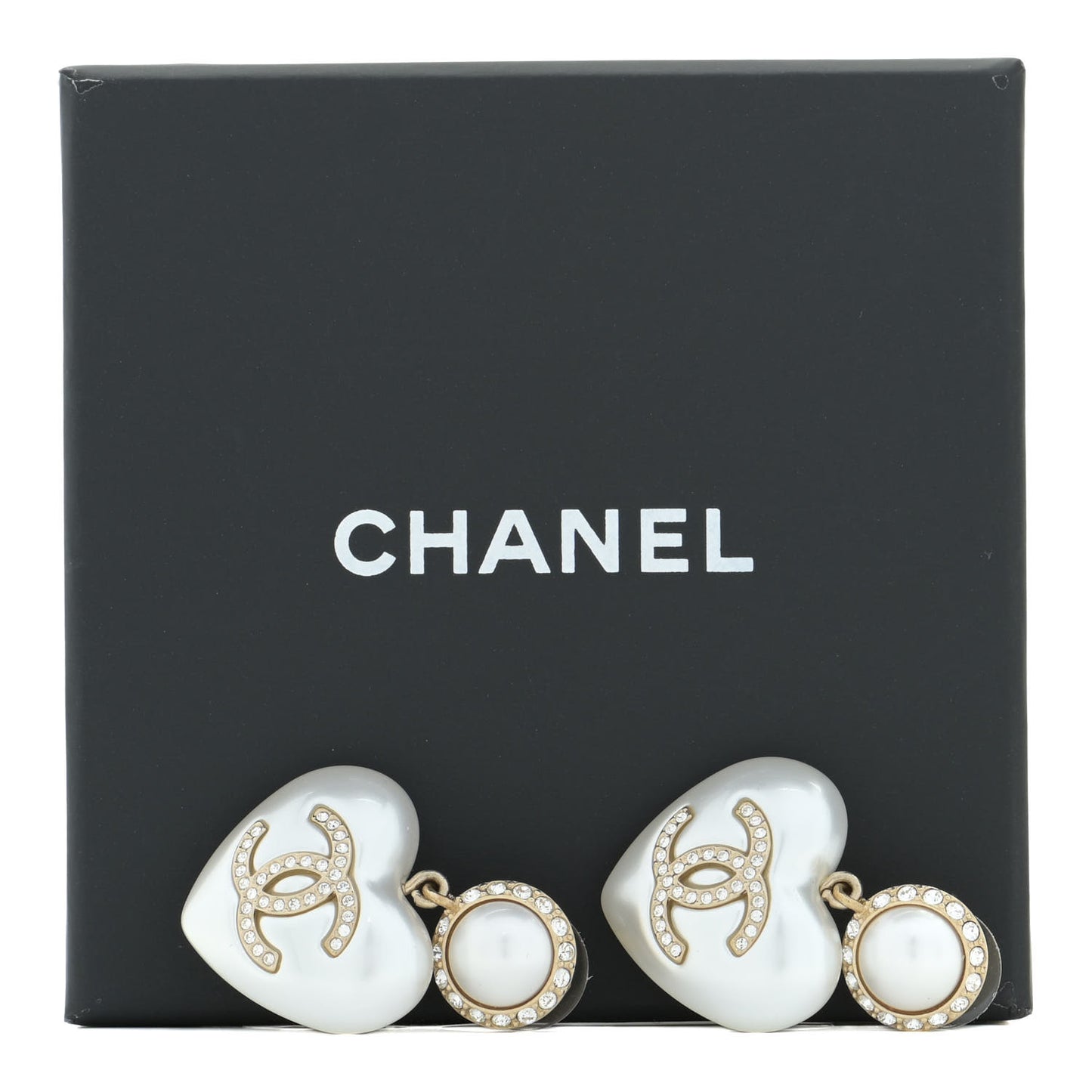Pearl Crystal CC Heart Drop Earrings Gold