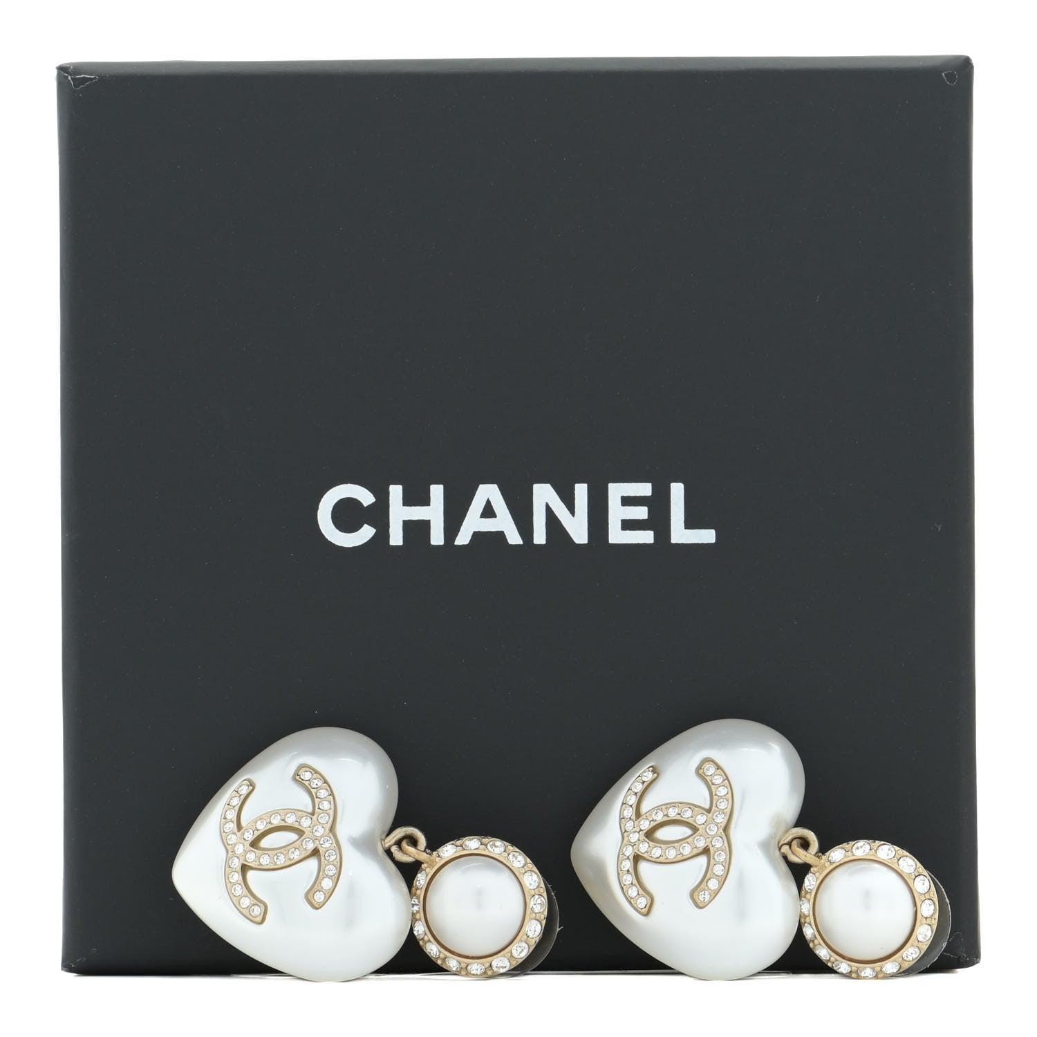 Chanel Pearl Crystal CC Heart Drop Earrings Gold 5 of 6