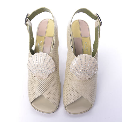 Gucci Calfskin Perforated Shell Embellished Slingback Sandals 41 Vintage White 5 of 10