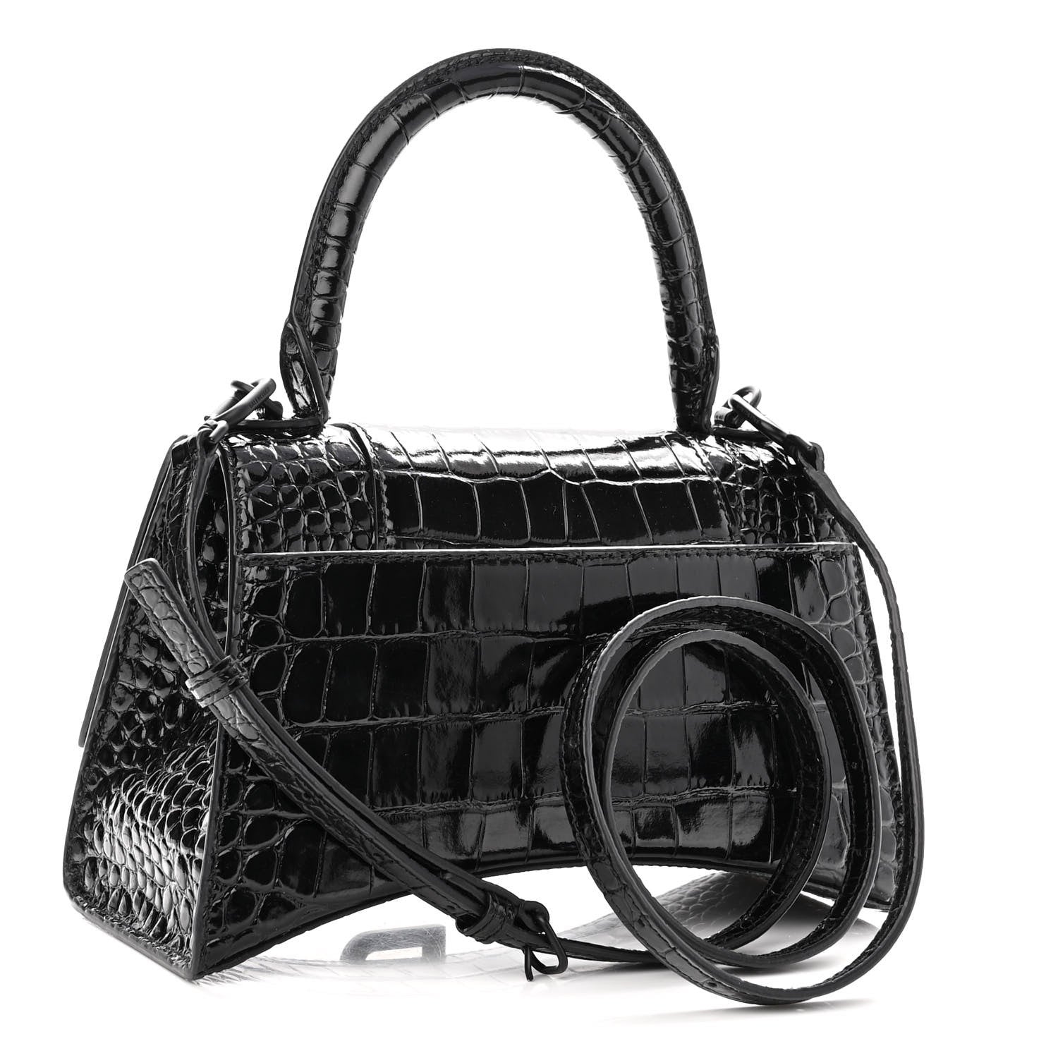 Balenciaga Shiny Calfskin Monochrome Crocodile Embossed Small Hourglass Top Handle Bag Black 3 of 10