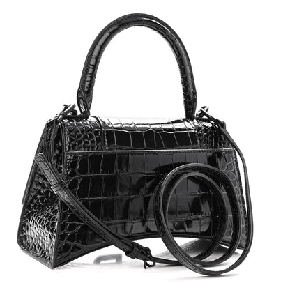 Balenciaga Shiny Calfskin Monochrome Crocodile Embossed Small Hourglass Top Handle Bag Black 3 of 10