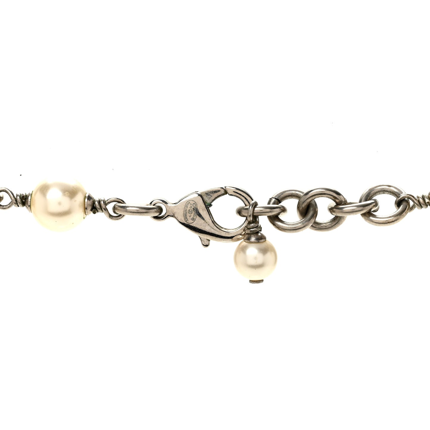 Graduated Pearl Crystal CC Long Necklace Silver