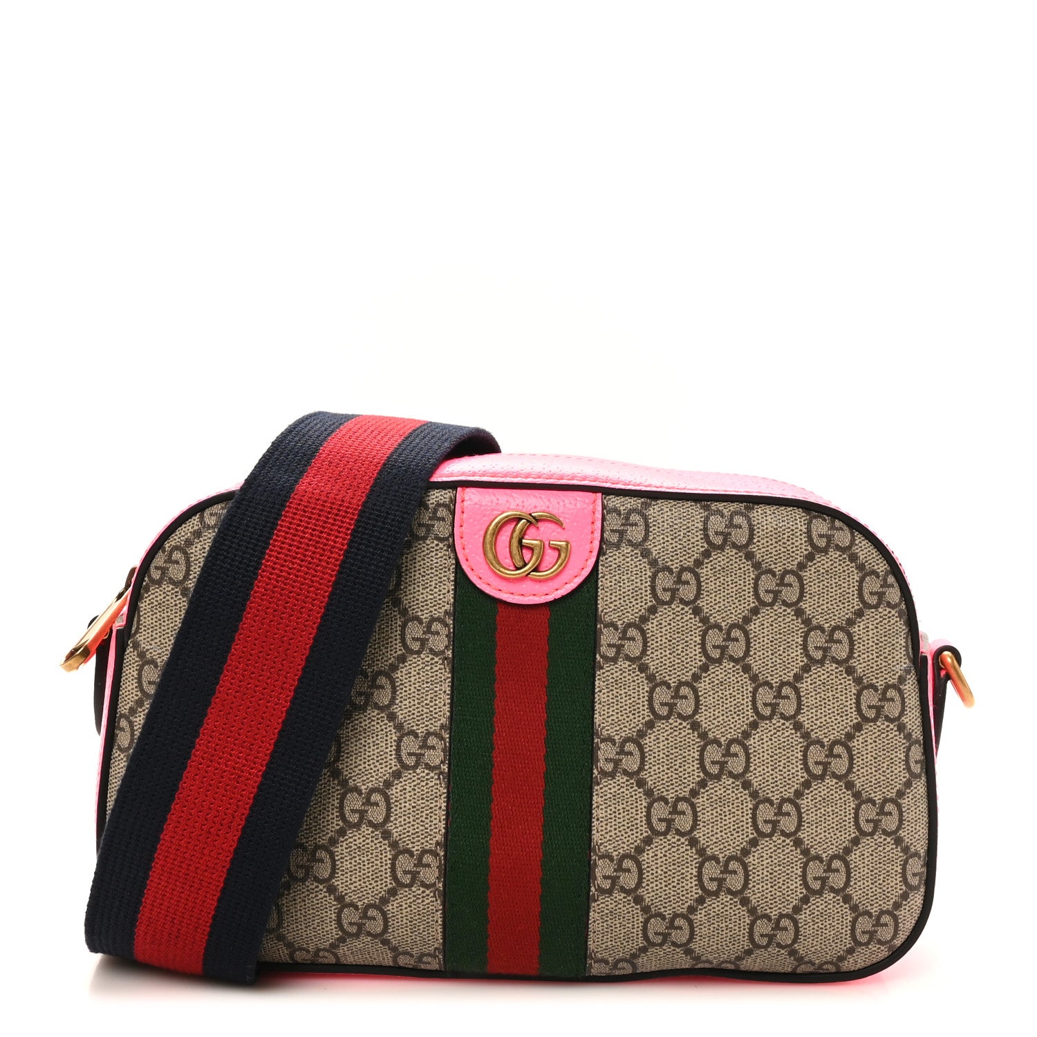 Gucci GG Supreme Monogram Textured Dollar Calfskin Web Ophidia Small Crossbody Bag Beige Ebony Fuchsia 1 of 10