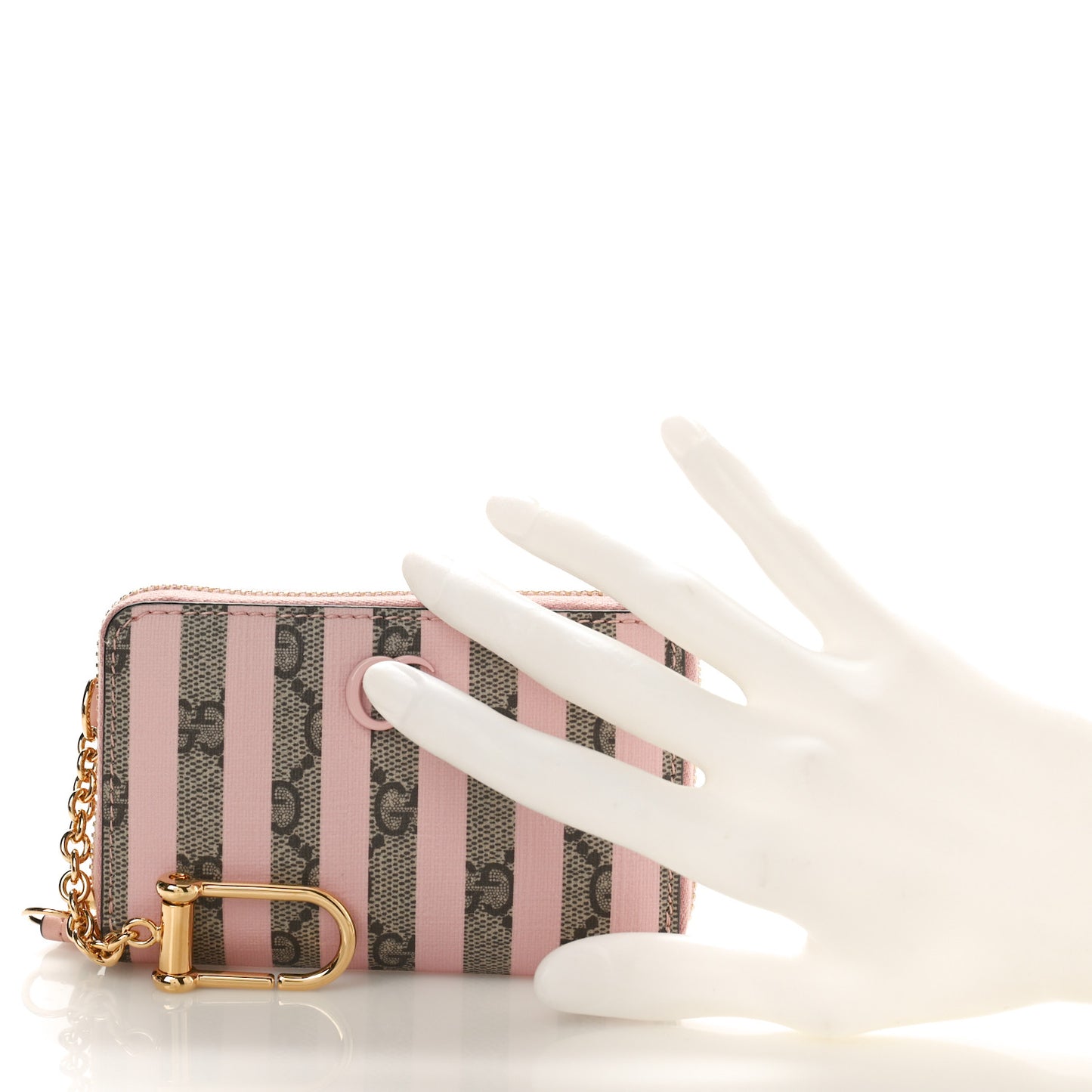 GG Supreme Monogram Vitello Eclipse Enamel Striped GG Key Card Case Beige Ebony Pink