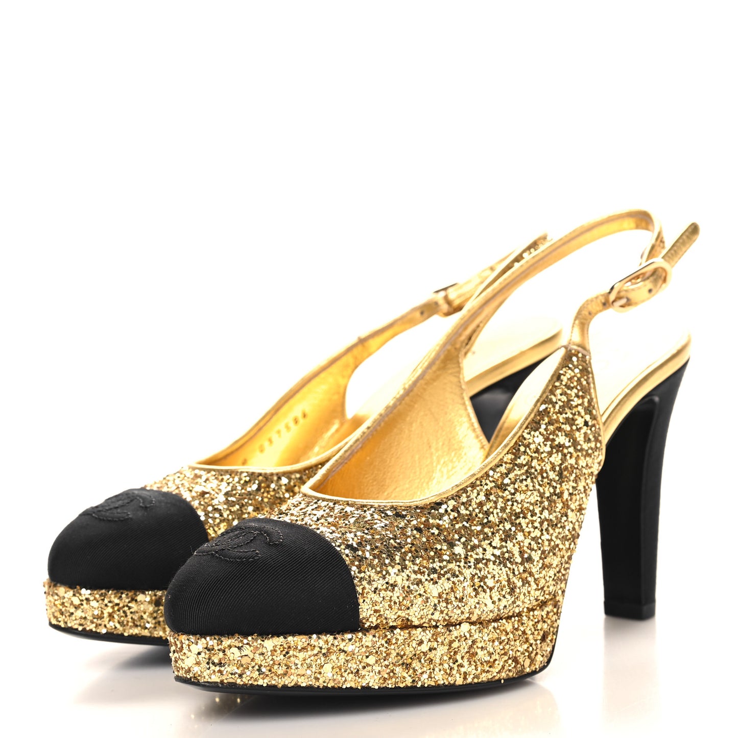 Glitter Grosgrain Cap Toe CC Slingback Pumps 36 Gold Black
