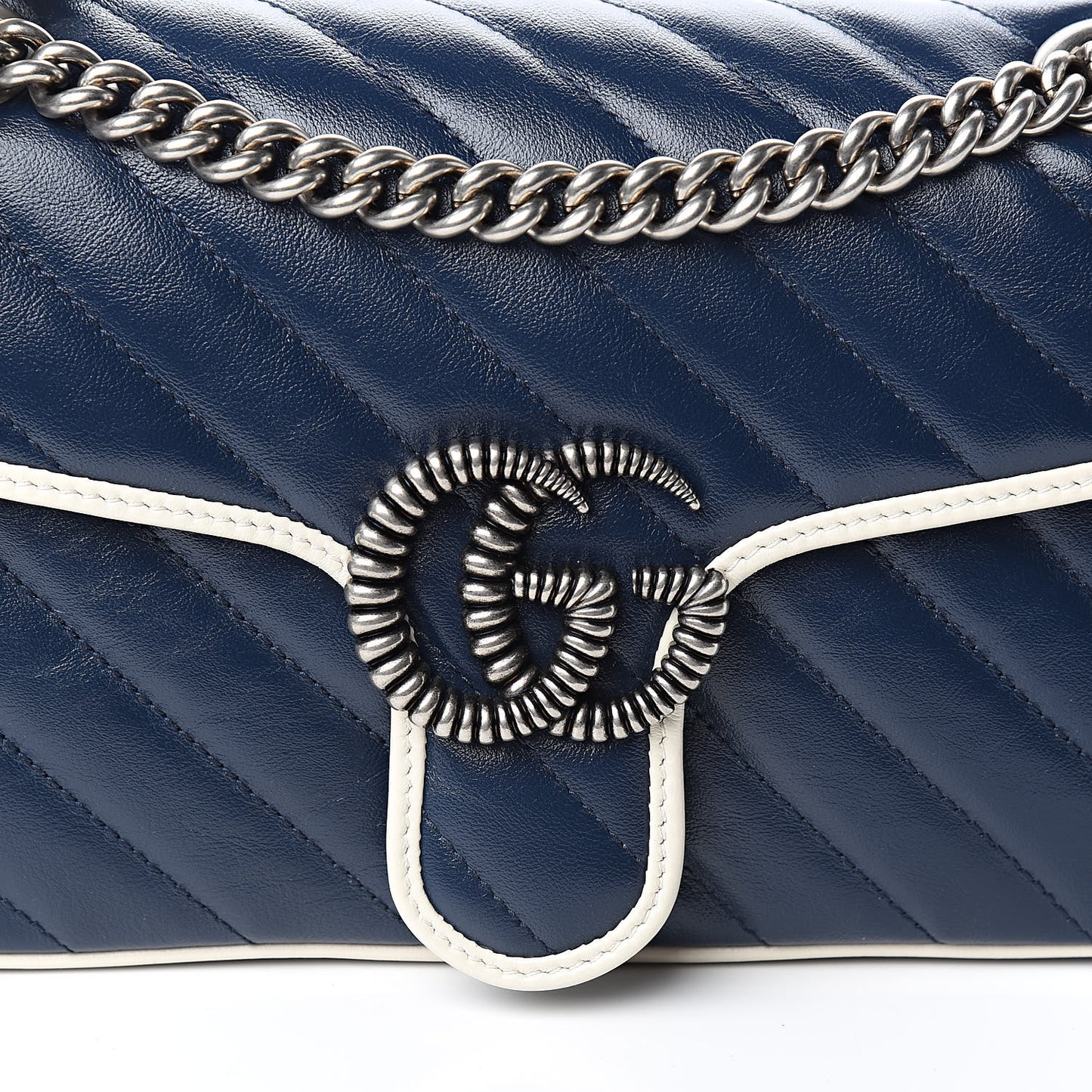 Vintage Effect Calfskin Matelasse Diagonal Small Torchon GG Marmont Shoulder Bag Blue Agata Mystic White